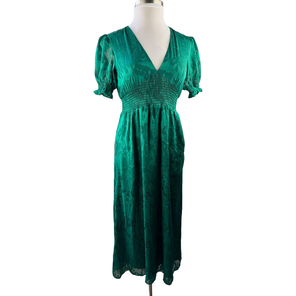 Hutch Empire Smocked Ruffle Short Sleeve Maxi Dress Holiday Green Pockets Size 6 - Picture 15 of 16